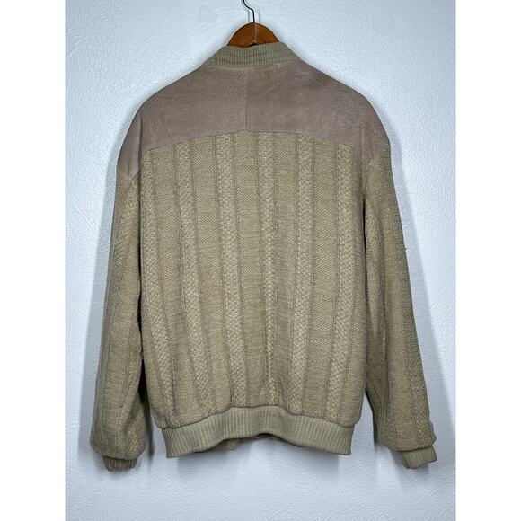 VTG SAXONY Leather Sweater Cardigan M Tan Color Block Dad Grandpa Aesthetic - Picture 10 of 16